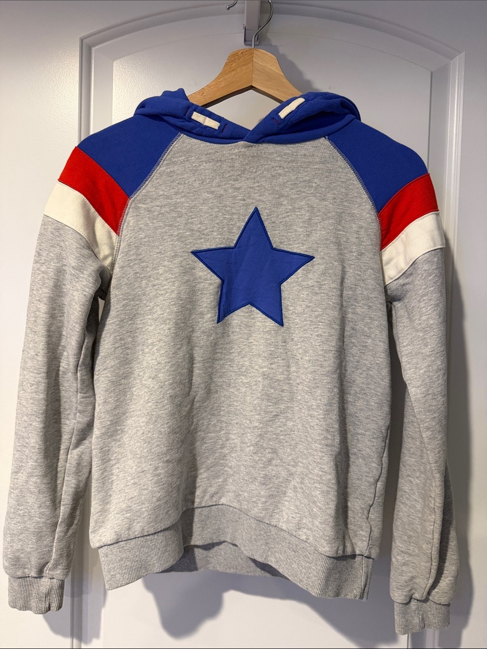 Mini Boden Grey Hoodie Sweater with Blue Star and Red Accents